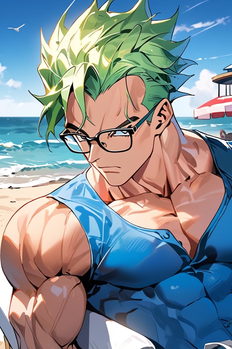 highly detailed, high quality, beautiful masterpiece, (medium close up shot), alone, Tom from Tom&Jerry, sitting, with glasses, green hair, open eyes, blue fur, muscular, with white tie, on the beach, detailed background,
