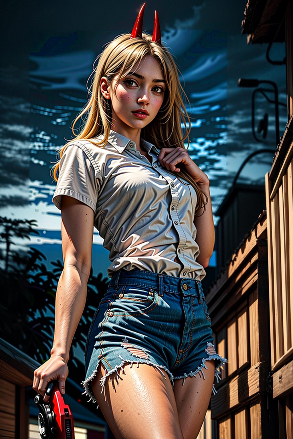 girl, blonde hair, beautiful, detailed background, (medium short shot), short white shirt, shorts, no shoes, long hair, yellow eyes, alone, on top of a building,red horns, at night,highly detailed.,Power/Chainsaw,muscle mommy
