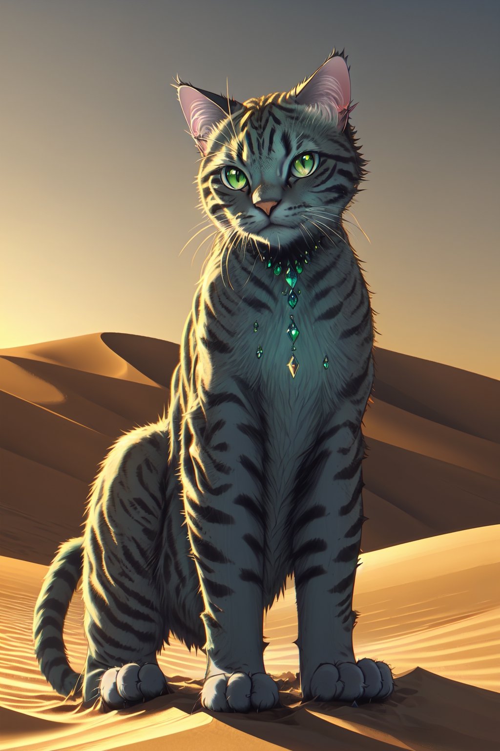 A majestic feline poses against a warm, sandy dune backdrop, its piercing green eyes fixed intently on something in the distance. The cat's fur shines like polished sapphires, with subtle blue undertones catching the soft, golden light of the setting sun. The framing is tight, focusing attention on the cat's regal demeanor and striking gaze.,Detail,finger frame