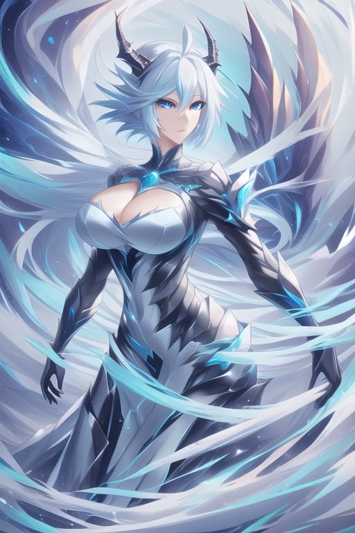 Wild mature female anthropomorphic dragon, covered in scales,  blue dragon scales, tempest themed, wind dragon, surrounded in a vortex, wearing extremely fancy dress, dragon horns fierce, serious,  short wild white hair, tempestmagic
