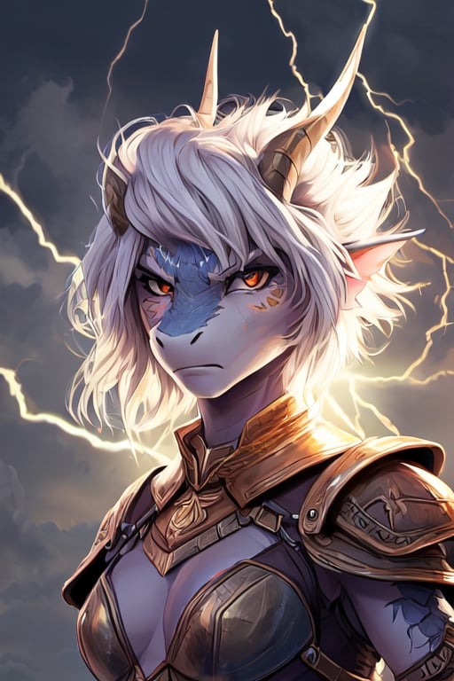 Wild mature female anthropomorphic dragon, covered in scales, scales, lightning themed, electric dragon, wearing extremely fancy armor, only singular horn from the middle of her forehead, fierce, serious, short wild white hair