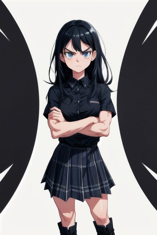masterpiece, 4k, sharp focus, perfect composition, hyper detailed, correct anatomy, female student, short, grumpy, blue eyes, long black hair, black and white plaid skirt, combat boots, button up black shirt, crossed arms, lean muscular build, 