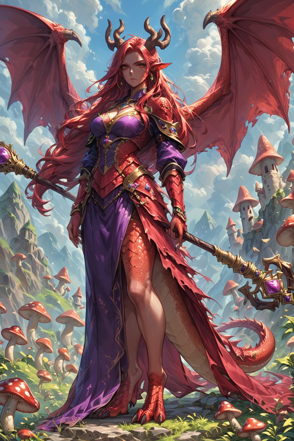 score_9, score_8_up, score_7_up, solo, female, dragon, (red scales), human face, beautiful deer horns, dragon wings, serious, holding a wizard staff, perfect eyes, long hair, ornate wizard robes, human face, ({dragon aestetics,digitigrade legs, dragon feet}), full body, standing, mushroom cloud in the background 