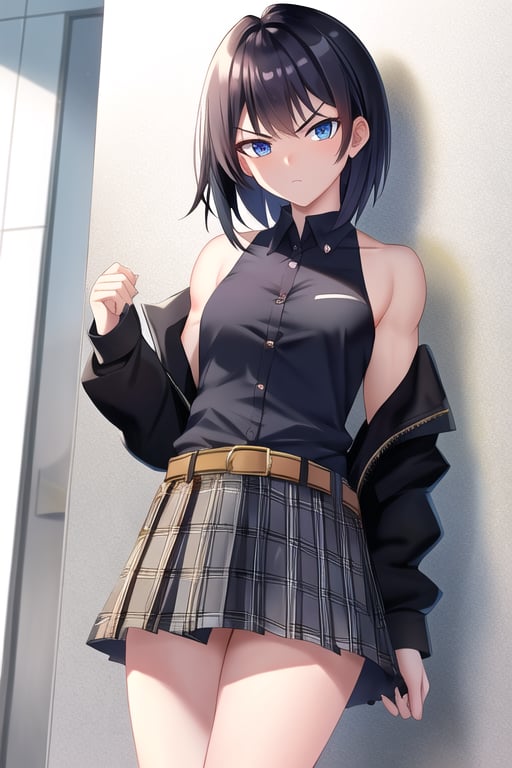 masterpiece, hyper detailed, sharp focus, perfect composition, SFW
short 15 year old Highschooler, lean muscular build, square shoulder, female muscle, shoulder length black hair, blue eyes. grumpy, button up black shirt, plaid skirt, combat boots, small chest size, in a school hallway 