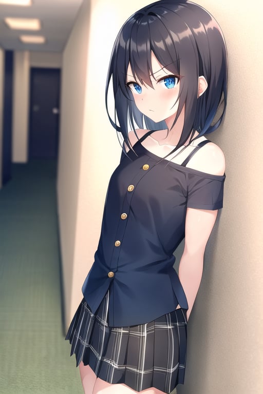 masterpiece, hyper detailed, sharp focus, perfect composition, SFW short 18 year old Highschooler, lean muscular build, square shoulder, female muscle, shoulder length black hair, blue eyes. grumpy, button up black shirt, plaid skirt, combat boots, small chest size, in a school hallway, Score_9: 