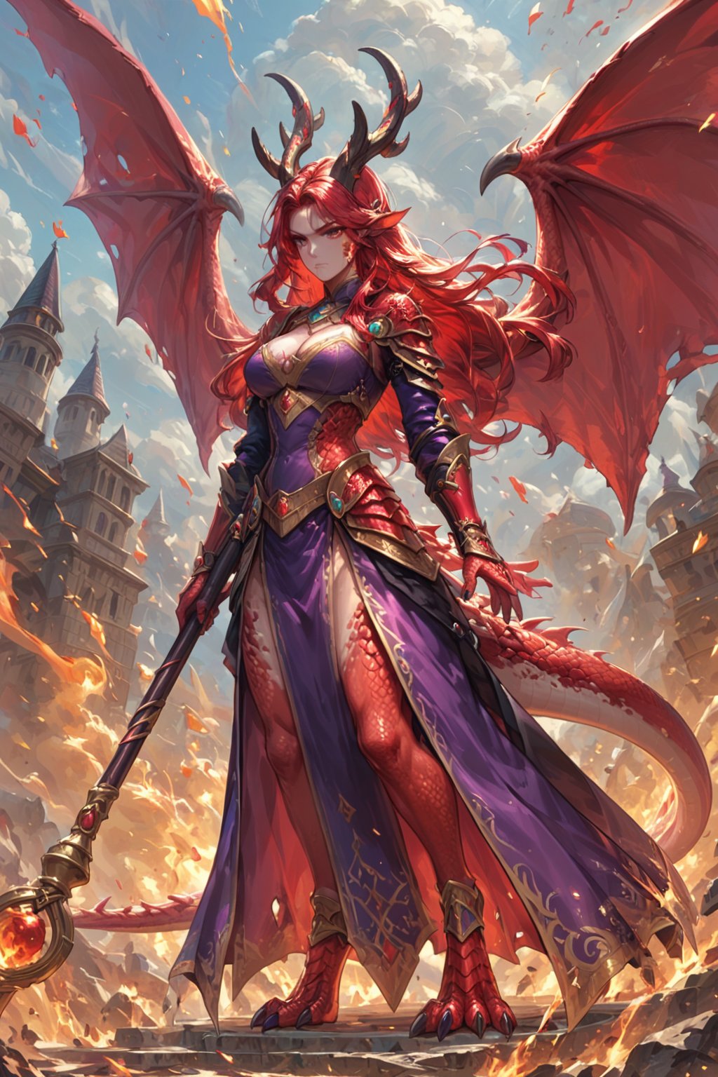 score_9, score_8_up, score_7_up, solo, female, dragon, (red scales), human face, beautiful deer horns, dragon wings, serious, holding a wizard staff, perfect eyes, long hair, ornate wizard robes, human face, ({dragon aestetics,digitigrade legs, dragon feet}), full body, standing, an explosion in the background