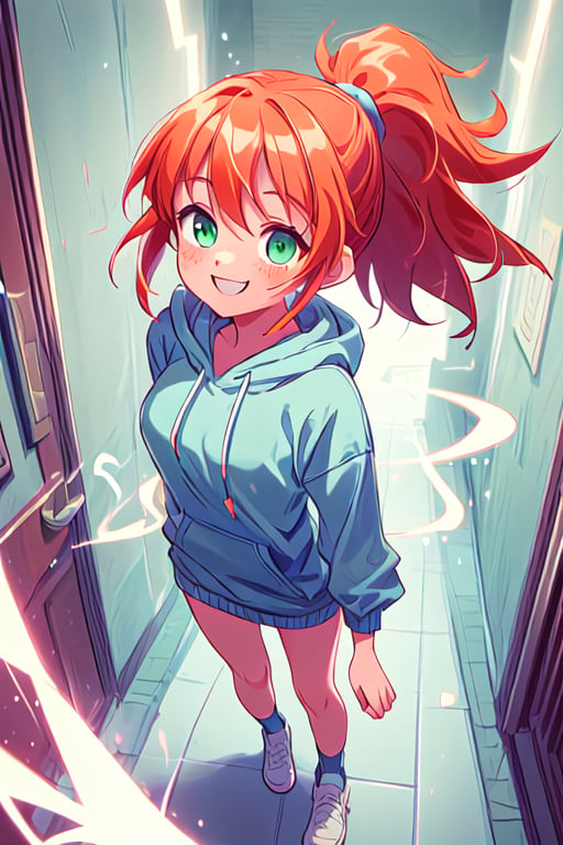 masterpiece, 4k, best quality, perfect composition, sharp focus, hyper detailed, perfect face, 
A highschool senior woman, young adult, long red orange hair with ponytail, cyan green eyes, lightly freckled face, oversized_clothes, large hoodie, smiling, walking down a highschool hallway, tall,excessive energy