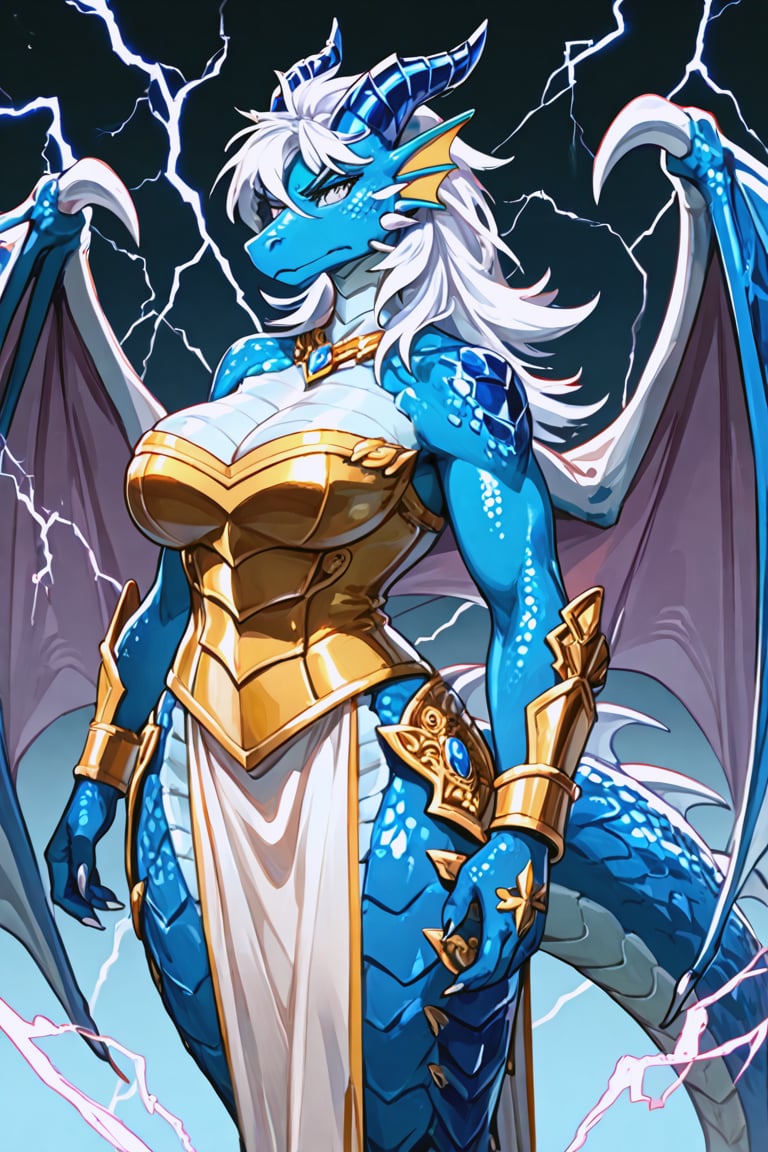 (score 9, score 8 up, score_7_up), {Masterpiece, Hyper detailed, perfect composition, sharp focus}, Wild mature female anthropomorphic dragon, covered in scales, sapphire scales, lightning themed, electric dragon, white eyes, wearing extremely fancy armor, dragon horns, dragon wings, fierce, serious, short wild white hair