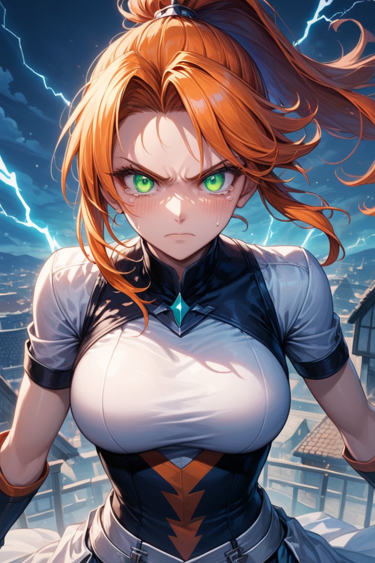 Front view, (score 9, score 8 up, score_7_up, source anime, (masterpiece), best quality, expressive eyes, perfect face, (masterpiece), best quality, expressive eyes, perfect face, at night, An adult woman, standing, eerily intense, if looks could kill, lightning arcing from her, powerful, on a roof top, long red orange hair in a ponytail, nighttime, electricity aura, tears, cyan green eyes glowing, taking an action stance, ready to fight