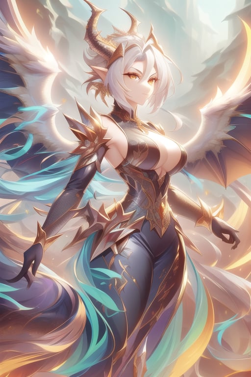 masterpiece, hyper detailed, sharp focus, perfect composition,
Wild mature female anthropomorphic dragon, covered in scales, dragon scales, holy themed, angelic dragon, {feathered wings,
}, dragon tail, wearing extremely fancy armor, only singular horn from the middle of her forehead, fierce, serious,  elegant flowing hair, medium boob size
,holymagic