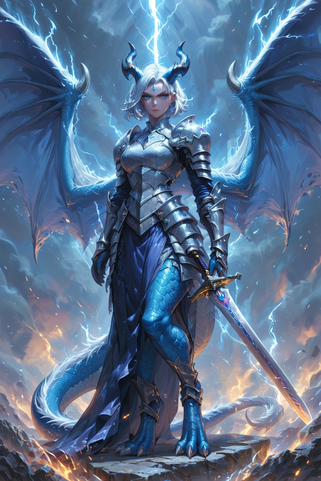 score_9, score_8_up, score_7_up, by: kanel, solo, female, dragon, (blue scales), human face, beautiful dragon horns single point, dragon horn in the middle of her head, dragon wings, center horn from forehead, thick eyelashes, serious, holding a sword, perfect eyes, white hair, wild short hair, light blue eyes, white ornate full plate armor, human face, ({dragon aestetics,digitigrade legs, dragon feet}), full body, standing, striking thunder, coursing energy, striking lightning, standing in a tempest