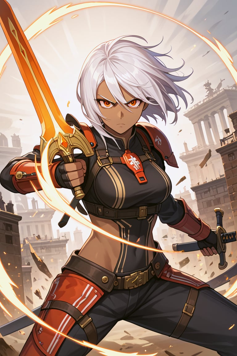 front view, (score 9, score 8 up, score_7_up, source anime, solo_female, vigilante, makeshift gear, serious, urban fantasy, orange eyes, short stark white hair, dark bronze skin, medium chest size, action pose, ready to fight, holding a sword and gun, magical effects,(masterpiece), best quality, expressive eyes, perfect face, (masterpiece), 