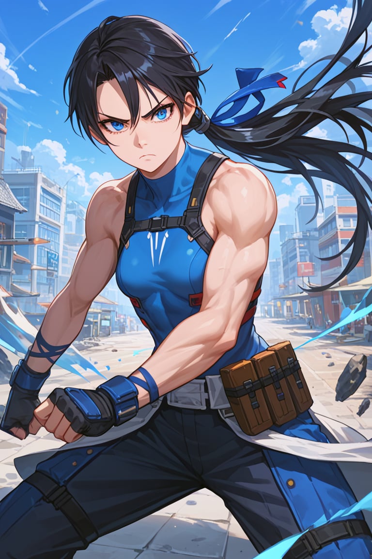 front view, (score 9, score 8 up, score_7_up, source anime, solo_female, vigilante, makeshift gear, lean muscular build, serious, urban fantasy, blue eyes, shoulder length straight black hair, small chest size, action pose, ready to fight(masterpiece), best quality, expressive eyes, perfect face, (masterpiece), 