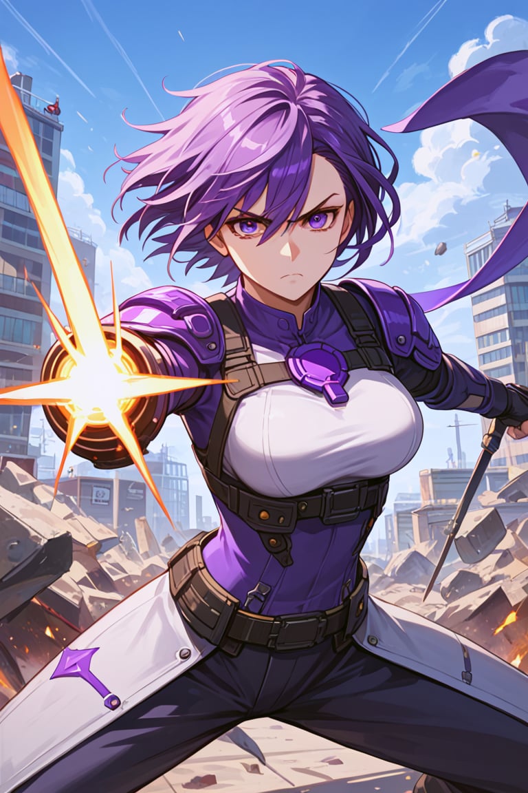 front view, (score 9, score 8 up, score_7_up, source anime, solo_female, vigilante, makeshift gear, serious, urban fantasy, short purple hair, purple eyes, large chest size, action pose, ready to fight,(masterpiece), best quality, expressive eyes, perfect face, (masterpiece), 