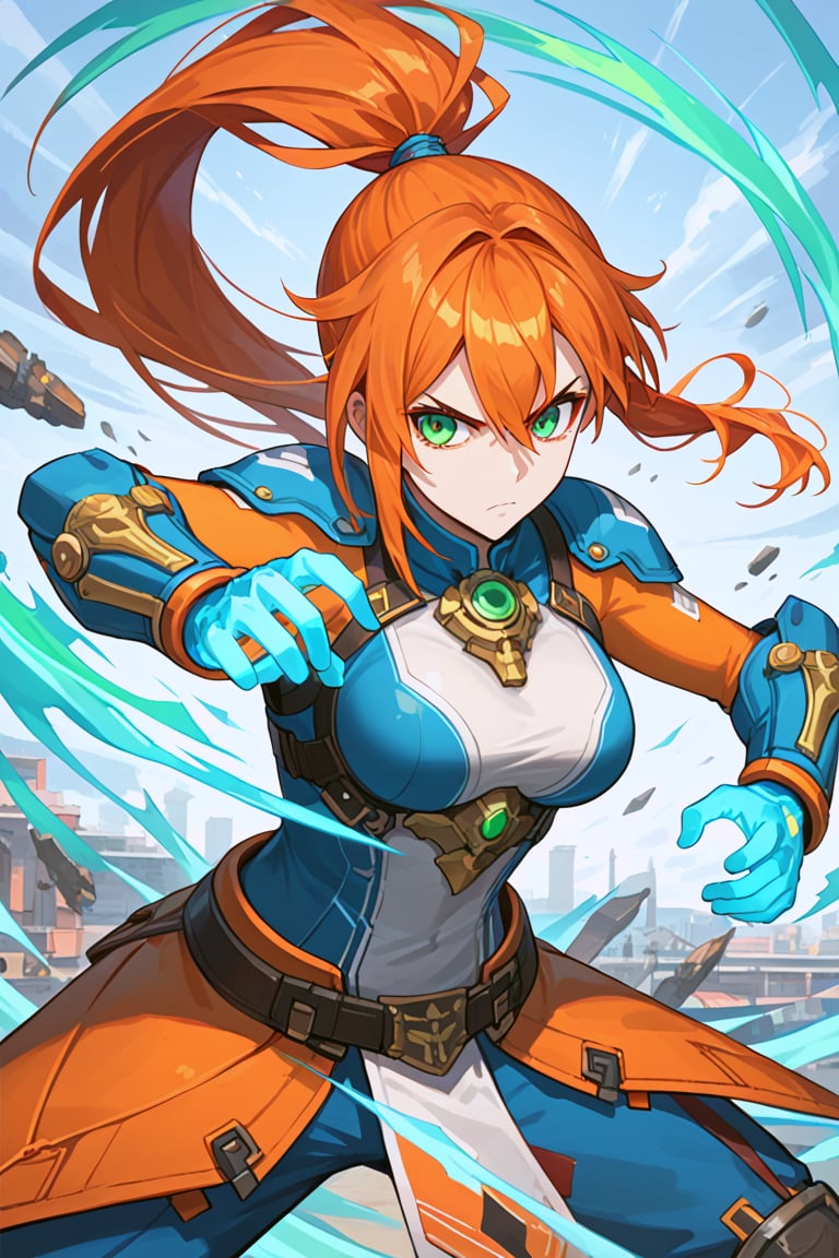 front view, (score 9, score 8 up, score_7_up, source anime, solo_female, vigilante, makeshift gear, serious, urban fantasy, cyan green eyes, long red orange hair in ponytail, large chest size, action pose, ready to fight, generating energy around hands,(masterpiece), best quality, expressive eyes, perfect face, (masterpiece), 