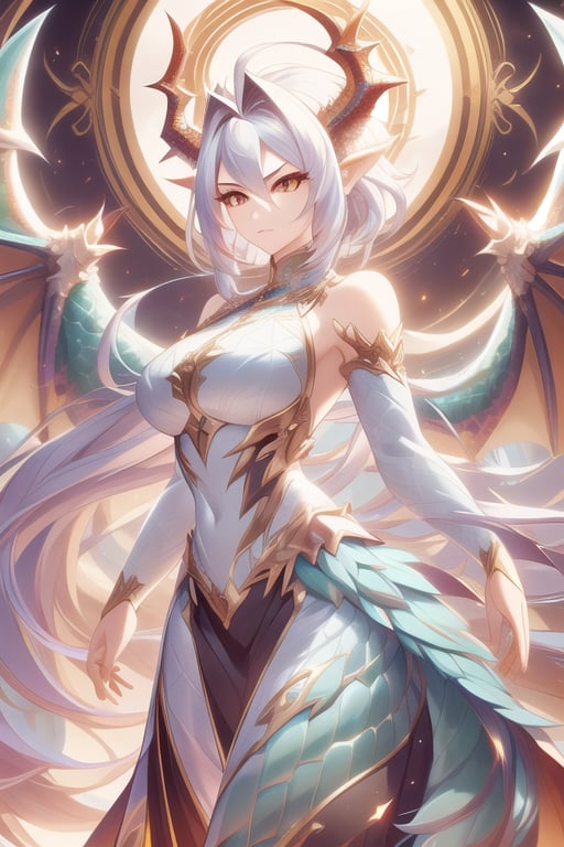 masterpiece, hyper detailed, sharp focus, perfect composition,
Wild mature female anthropomorphic dragon, covered in scales, dragon scales, holy themed, angelic dragon, angelic wings, dragon tail, wearing extremely fancy armor, only singular horn from the middle of her forehead, fierce, serious,  wild hair
,holymagic