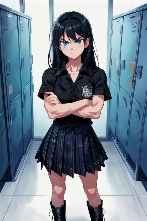 masterpiece, 4k, sharp focus, perfect composition, hyper detailed, correct anatomy, female student, short, grumpy, blue eyes, long black hair, black and white plaid skirt, combat boots, button up black shirt, crossed arms, lean muscular build, leaning against a school locker