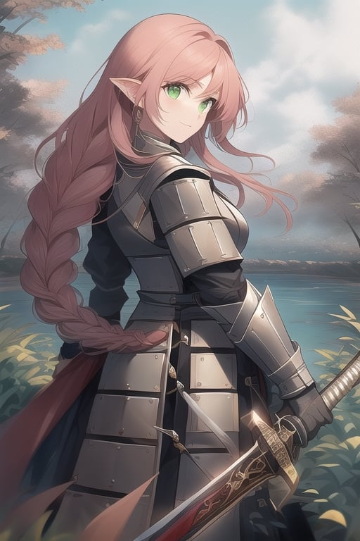 a brave woman solider, knight in full armor, holding a sword, over looking a badfield, standing proud, long pink hair in two braids, green eyes, pointed ears