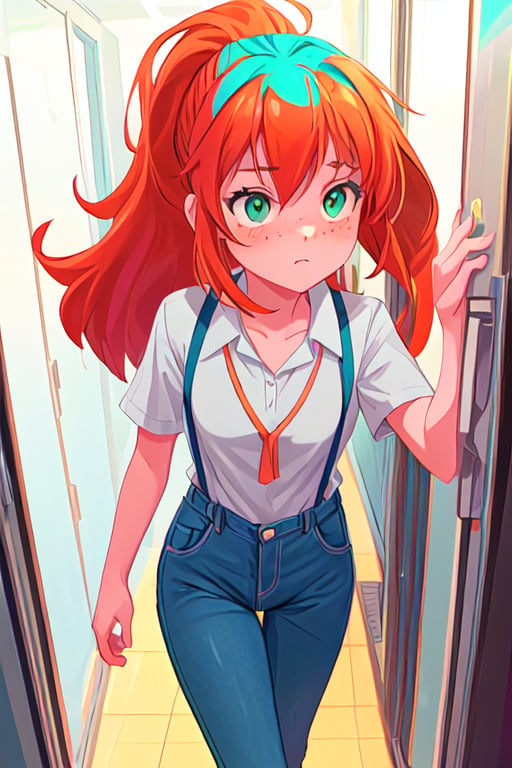 masterpiece, 4k, best quality, perfect composition, sharp focus, hyper detailed, perfect face, 
A highschool senior woman, young adult, long red orange hair with ponytail, cyan green eyes, lightly freckled face, suspenders, denim_pants, colorful shirt, walking down a highschool hallway, tall