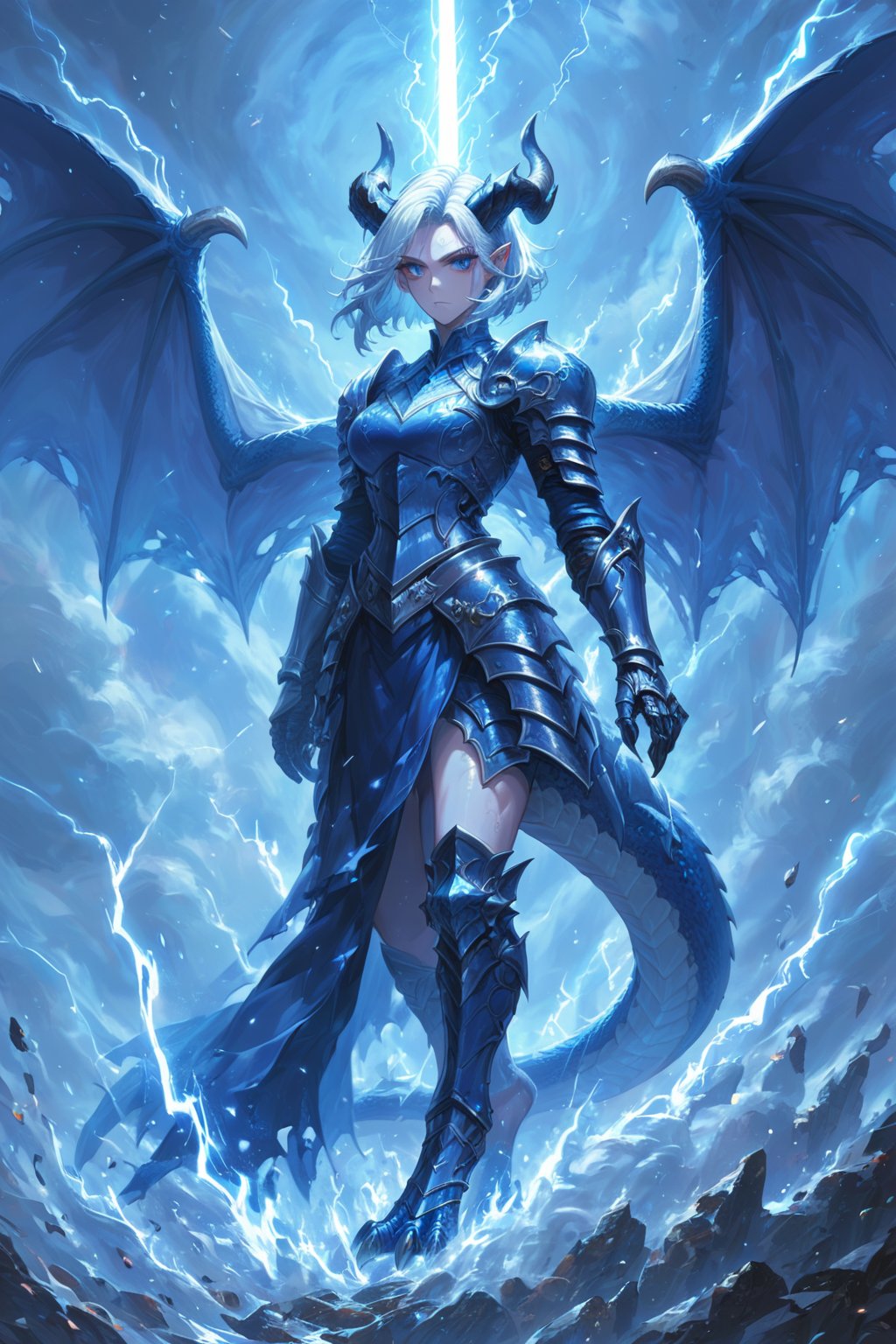 score_9, score_8_up, score_7_up, by: kanel, solo, female, dragon, (blue scales), human face, beautiful dragon horns, dragon horn in the middle of her head, dragon wings, center horn from forehead, thick eyelashes, serious, holding a sword, perfect eyes, white hair, wild short hair, light blue eyes, fancy ornate full plate armor, human face, ({dragon aestetics,digitigrade legs, dragon feet}), full body, standing, striking thunder, coursing energy, striking lightning, standing in a tempest