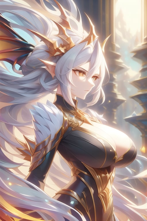 masterpiece, hyper detailed, sharp focus, perfect composition,
Wild mature female anthropomorphic dragon, covered in scales, dragon scales, holy themed, angelic dragon, angelic wings, dragon tail, wearing extremely fancy armor, only singular horn from the middle of her forehead, fierce, serious,  wild hair
,holymagic