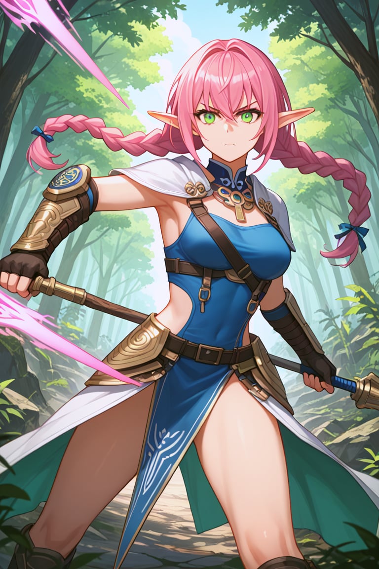 front view, (score 9, score 8 up, score_7_up, source anime, solo_female, vigilante, makeshift gear, serious, urban fantasy, forest, elven, pastel green eyes, long pink hair in two braids, pointed ears, medium chest size, action pose, ready to fight, magical glyphs, magical effects. wielding a magic staff,(masterpiece), best quality, expressive eyes, perfect face, (masterpiece), 