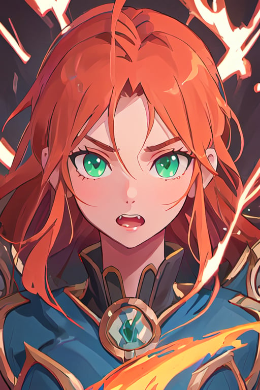 masterpiece, 4k, best quality, perfect composition, sharp focus, hyper detailed, perfect face, a Greek woman warrior, Scion of Zeus, warrior of lightning, fierce and unyielding, long red orange hair. cyan green eyes, roaring tempest in the background