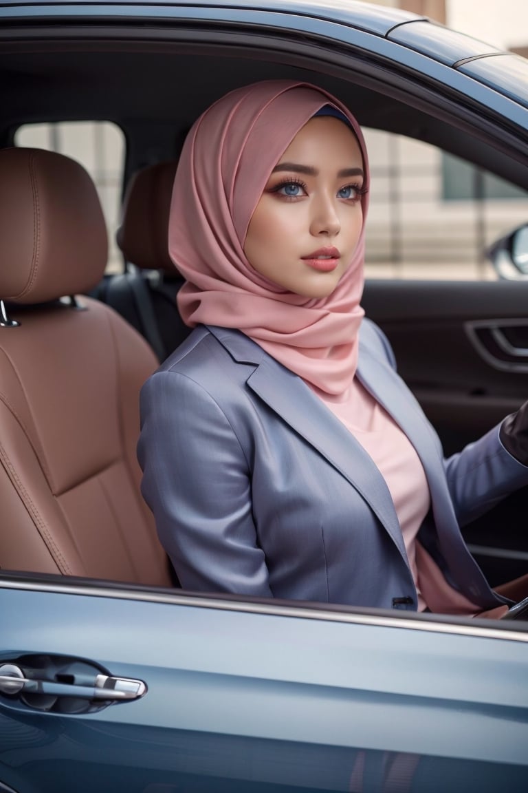 Create an ultra-realistic 16k image of a a beautiful indonesian girl, 24 years old, ombre_lips, (symmetric blue eyes), (perfect fingers), natural_breast, wearing a formal hijab. Driving a sleek sports car on her way to the office. 
The scene captures the dynamic energy of a professional morning commute, blending modern elegance with a touch of luxury.
The woman is dressed in a sophisticated, formal outfit—a tailored blazer, a crisp blouse, and a neatly styled hijab that complements her attire. light smile, hands expertly gripping the steering wheel of her stylish sports car.
The car's interior is meticulously detailed, featuring high-end finishes and a state-of-the-art dashboard. Sunlight streams through the windshield, casting a warm glow on her face and highlighting the rich textures of the car's leather seats and polished surfaces.
Outside the car, the cityscape is bustling with morning activity. Skyscrapers, tree-lined streets, and fellow commuters in their vehicles create a lively backdrop. Reflections of the urban environment can be seen on the car's sleek exterior, adding depth and realism to the scene.
Details such as the glint of sunlight on the car's hood, the precise stitching on her hijab, and the expression of determination on her face contribute to the ultra-realistic quality of the image. The overall atmosphere is one of modernity and professionalism, celebrating the blend of cultural tradition and contemporary style.
This image highlights the empowered and dynamic lifestyle of a young professional woman, capturing the essence of her morning routine and the elegance of her formal, hijab-clad appearance as she drives to work in her sports car.
Ultra-realistic, 16k, high_resolution, best quality, perfect, (from side view), face_looking at camera, masterpiece,