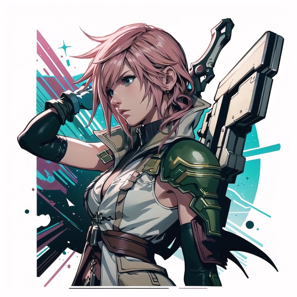 lightning farron, 8k, high quality, high resolution, square enix, final fantasy XIII, sword in hand, (whole body), white background, Strong Backlit Particles,Grt2c