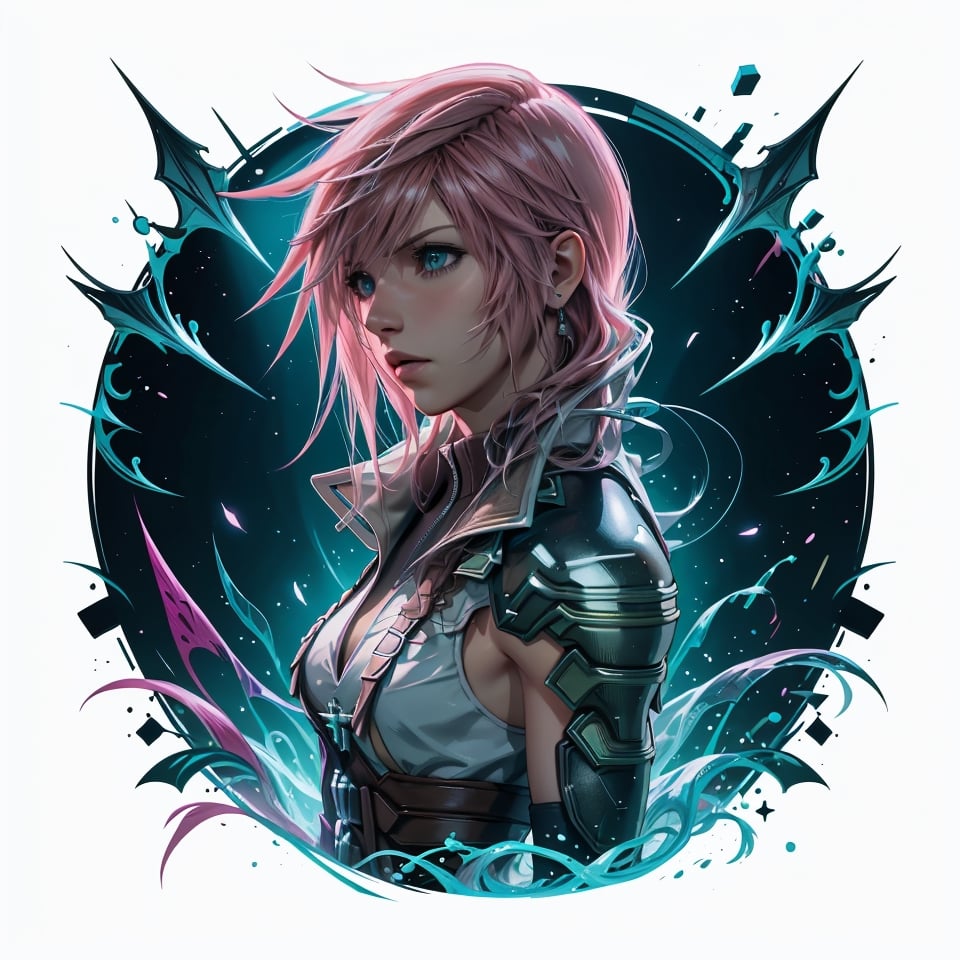 lightning farron, 8k, high quality, high resolution, square enix, final fantasy XIII, sword in hand, ((whole body)), white background, Strong Backlit Particles,Grt2c