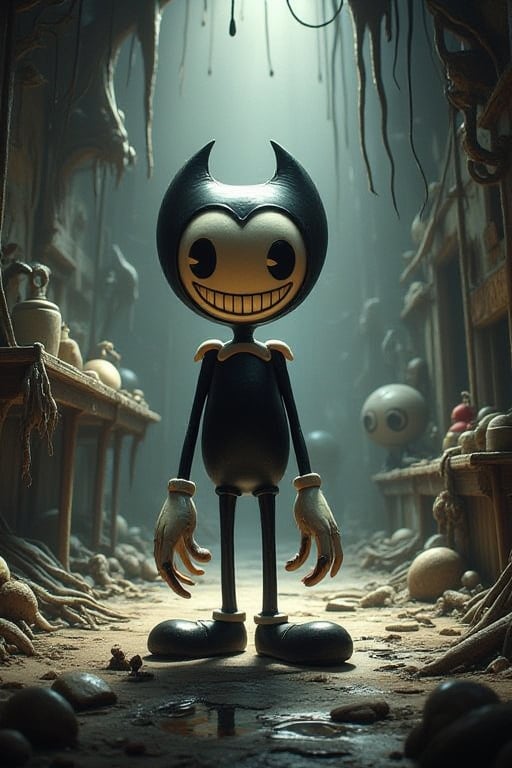 A dimly lit, abandoned cartoon studio, once filled with vibrant colors and laughter, now stands as a haunting monument to forgotten dreams. Among the dusty rubble, a twisted, ink-covered version of Bendy emerges from the shadows, his disproportionate limbs resembling grasping tentacles, his white bow-like gloves now stained by a dark liquid. The boy's face, a grotesque parody of innocence, twists into a malevolent smile as he stands in the dark corners, a monstrous guardian of the secrets of forgotten study.