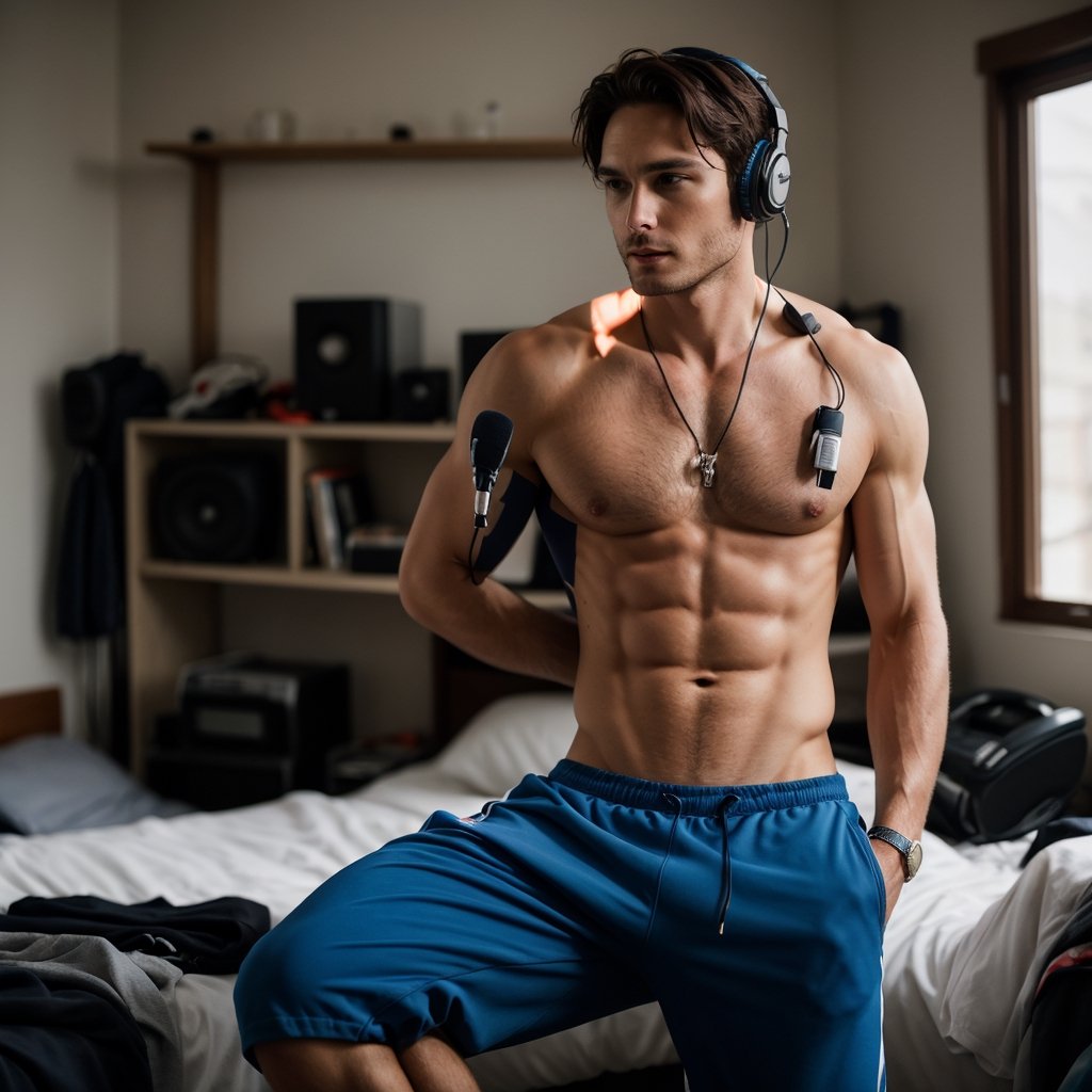 A photograph of a handsome, athletic man listening to music in his messy room. Lorenzo Zurzolo, Randall Batinkoff, 4k ultra hd, smooth picture, noise-free realism, sigma 85mm f/1.4,