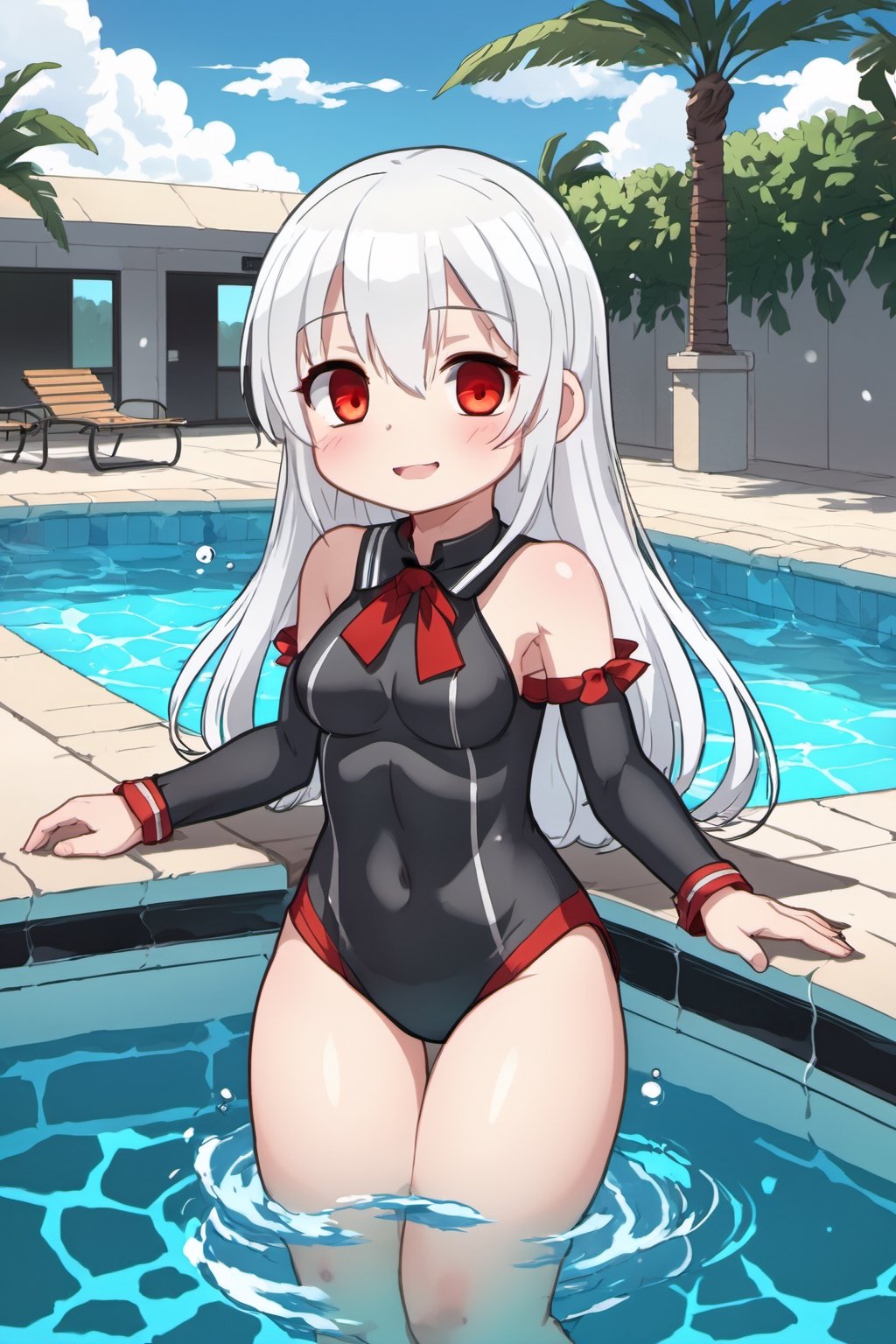 white_hair, red_eyes, long_hair, tiny_girl, whole_body, spreading_legs, skinny, chibi, 5_fignered, lolicon, crossed_arms, human_feet, swimming_pool, black_school_swimsuit, laughing, perfect_legs,  perfect_fingers, perfect_feets 