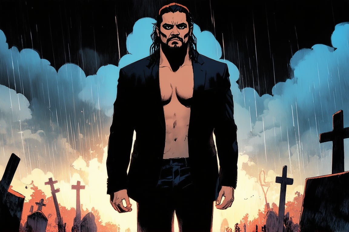 A vibrant comic book-inspired artwork featuring Jason Momoa dressed in a black suit jacket and an unbuttoned white shirt, in a creepy graveyard at night, bold color scheme. A dynamic shot captures with ominous storm clouds overhead. Lighting is dark and intense, casting dramatic shadows on the scene. 