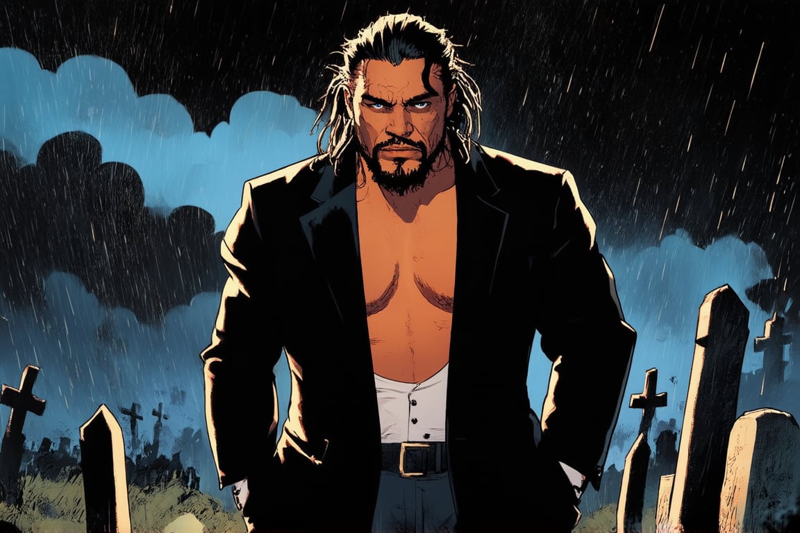 A vibrant comic book-inspired artwork featuring Jason Momoa dressed in a black suit jacket and an unbuttoned white shirt, in a creepy graveyard at night, bold color scheme. A dynamic shot captures with ominous storm clouds overhead. Lighting is dark and intense, casting dramatic shadows on the scene. 