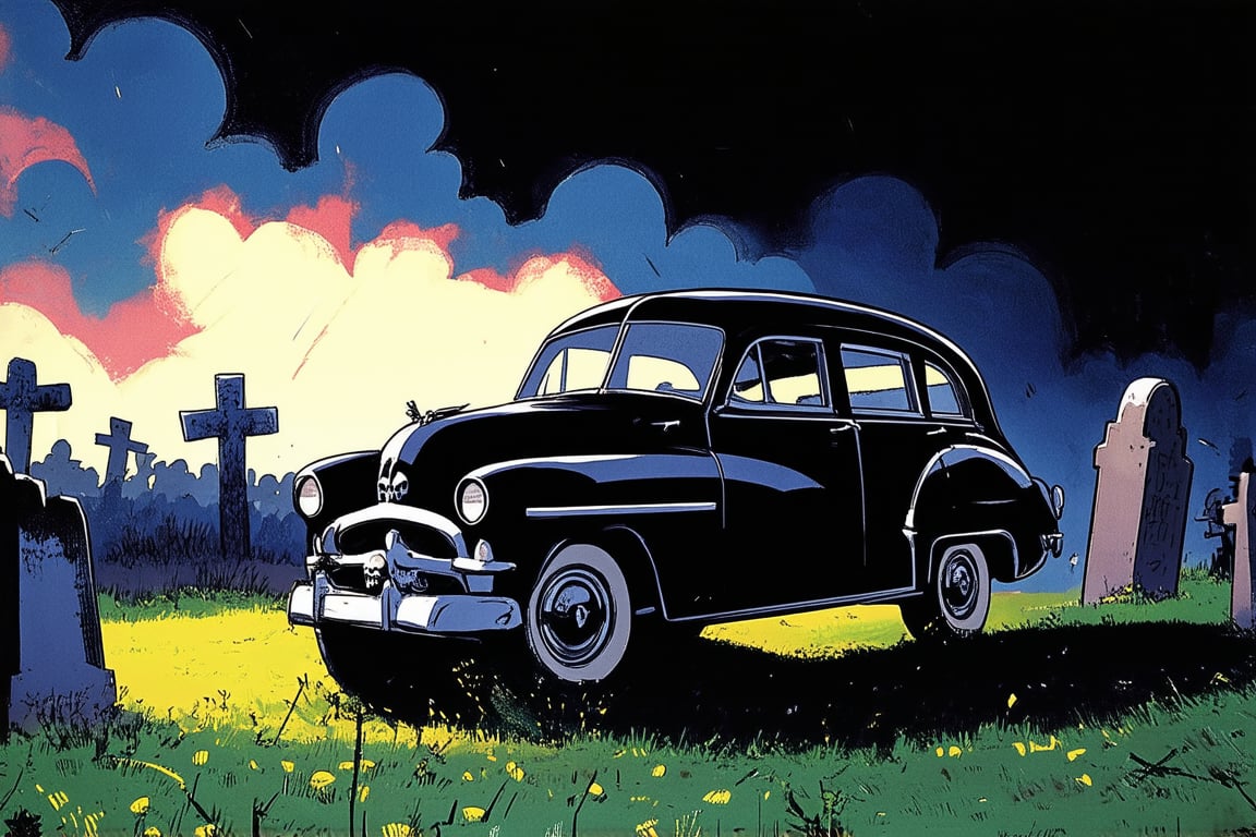 A vibrant comic book-inspired artwork featuring a black 1950's black hearse adorned with skulls, in a creepy graveyard at night, bold color scheme. A dynamic shot captures with ominous storm clouds overhead. Lighting is dark and intense, casting dramatic shadows on the scene. 