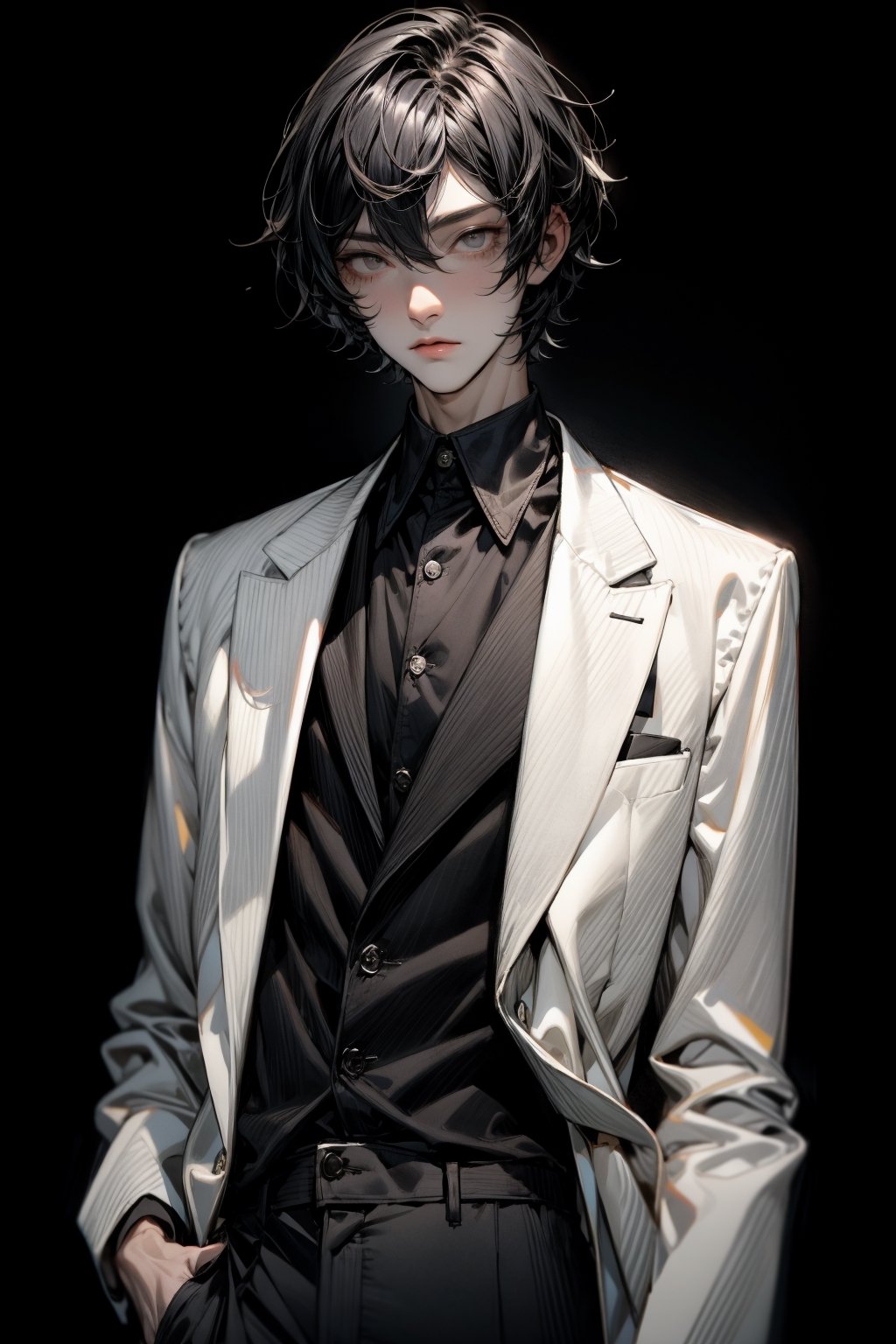 1boy,suit ,Medium ,black-hair,black eyes,black pupils,black eyeliner,white skin,open clothes,