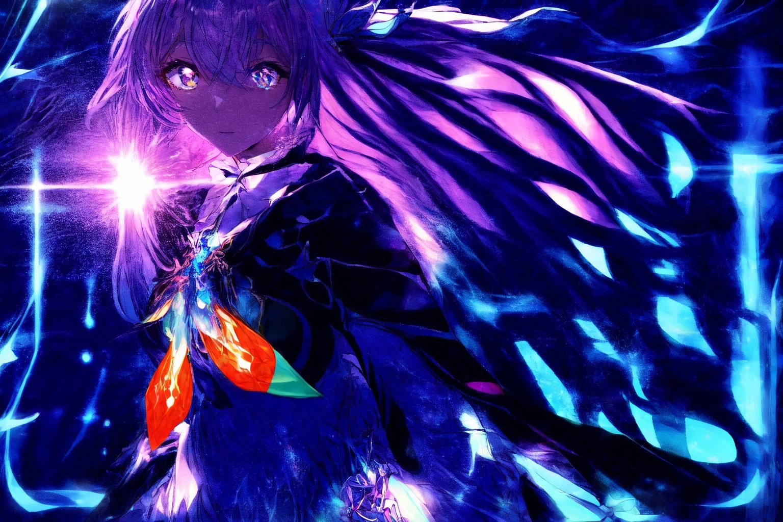 masterpiece, best quality, high resolution, cinematic lighting, dramatic angle, 1 girl, alternative 2, symbol-shaped pupils, hair ornament, violet gradient eyes, ribbon, glowing eyes, serious, white armor, white dress and blue, holding blue sword, floating object, looking at viewer, walking, firefly from Honkai: Star Rail