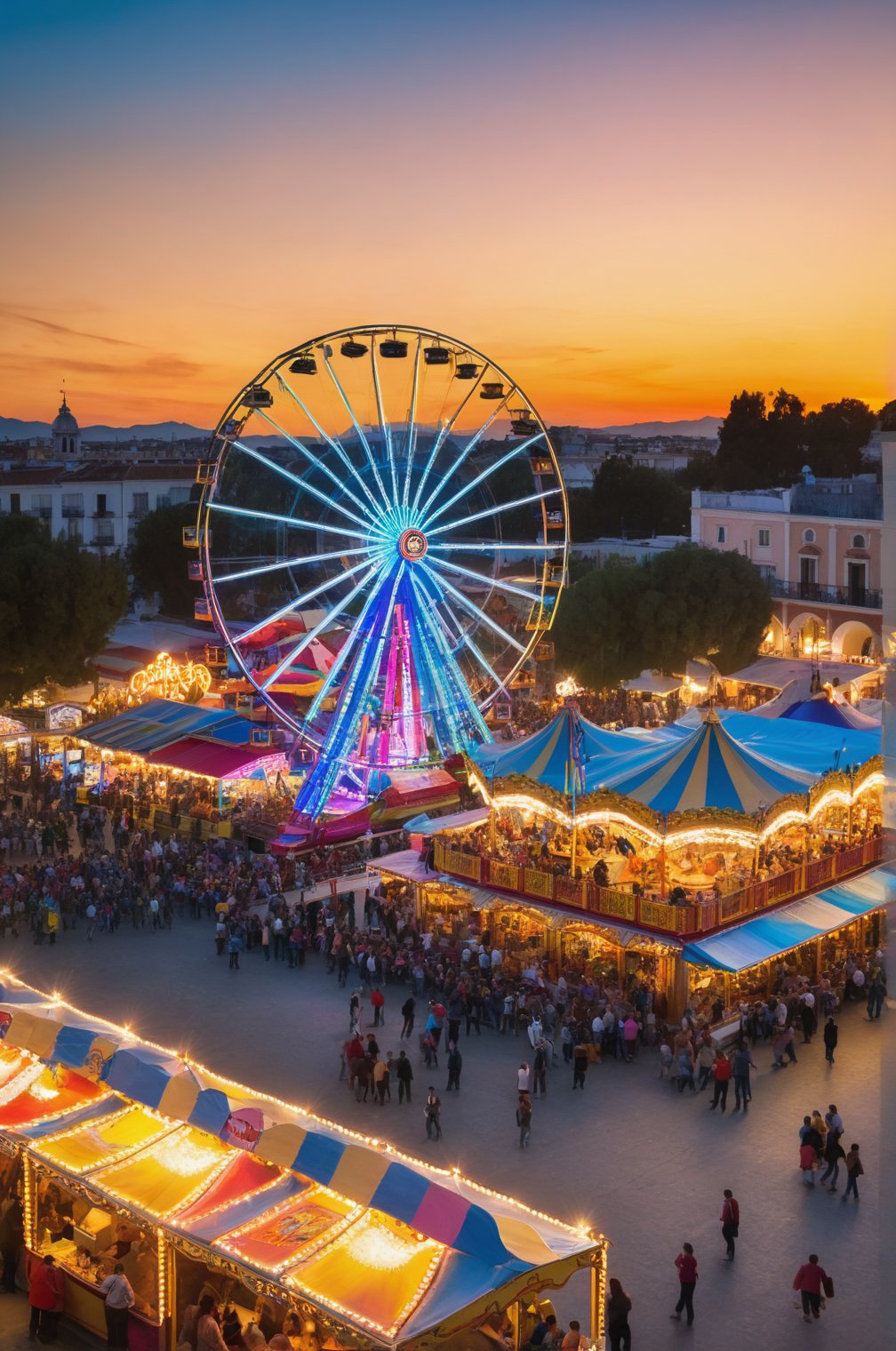 A vibrant fairground scene: 'Feria de Cepillin' at sunset. Colorful stalls and booths fill the central square, with a grand Ferris wheel towering above. The warm light of the setting sun casts a golden glow on the lively crowd, as children's laughter and music fills the air.