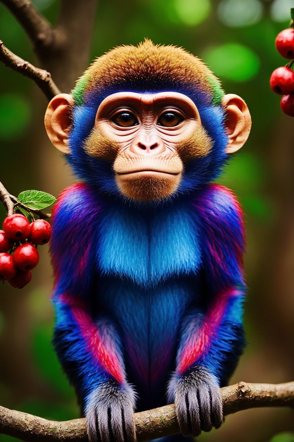 ((beautiful cute small monkey)), ((berries)), ((colorful monkey)), detailed small cute monkey, detailed red petals, (rainbow color flower), sitting on a branch, fantasy forest, magical forest, lush trees, detailed cute monkey, best quality, ultra quality, ((ultra realistic)), ((hyper realistic)) , ((insane details)) , 8k, perfect scenery , detailed scenery, ((vibrant colors)), (((extremely detailed background))) , amazing quality, very aesthetic, (((super realistic))) , intricate detailed, amazing beauty, ((beautiful colors)), (vibrant colors), perfect trees, detailed trees, detailed giant flower,More Detail