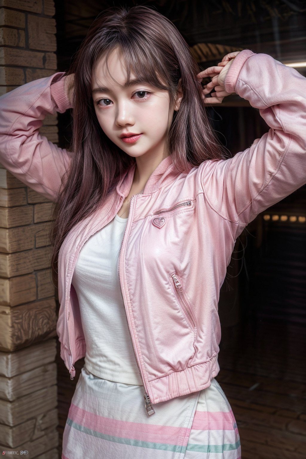 The person in the picture is a young woman with long dark hair. She is wearing a pink jacket over a white shirt. She has a slight smile on her face.arm_up,full_body
