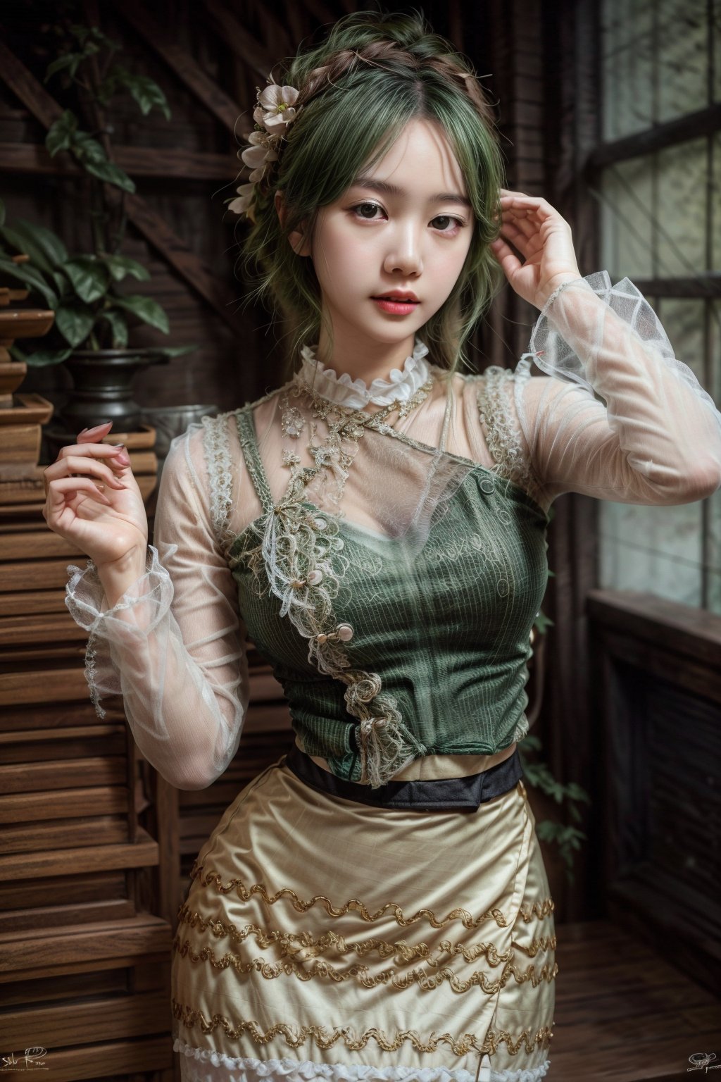 The person in the picture is a young woman with a poised and elegant posture. She is wearing a white blouse with ruffled sleeves and a high neckline, paired with a green skirt. Her hair is styled in an updo, and she has a green hair accessory. She is touching her hair with her hand, and her expression is neutral. The lighting in the image is soft and warm, highlighting her features and the textures of her clothing.
