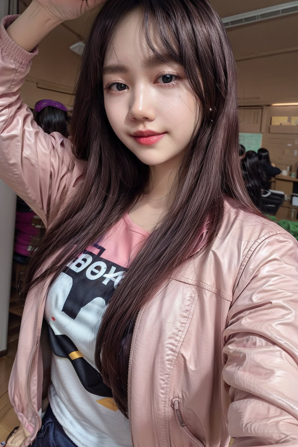 The person in the picture is a young woman with long dark hair. She is wearing a pink jacket over a white shirt. She has a slight smile on her face.arm_up,full_body
