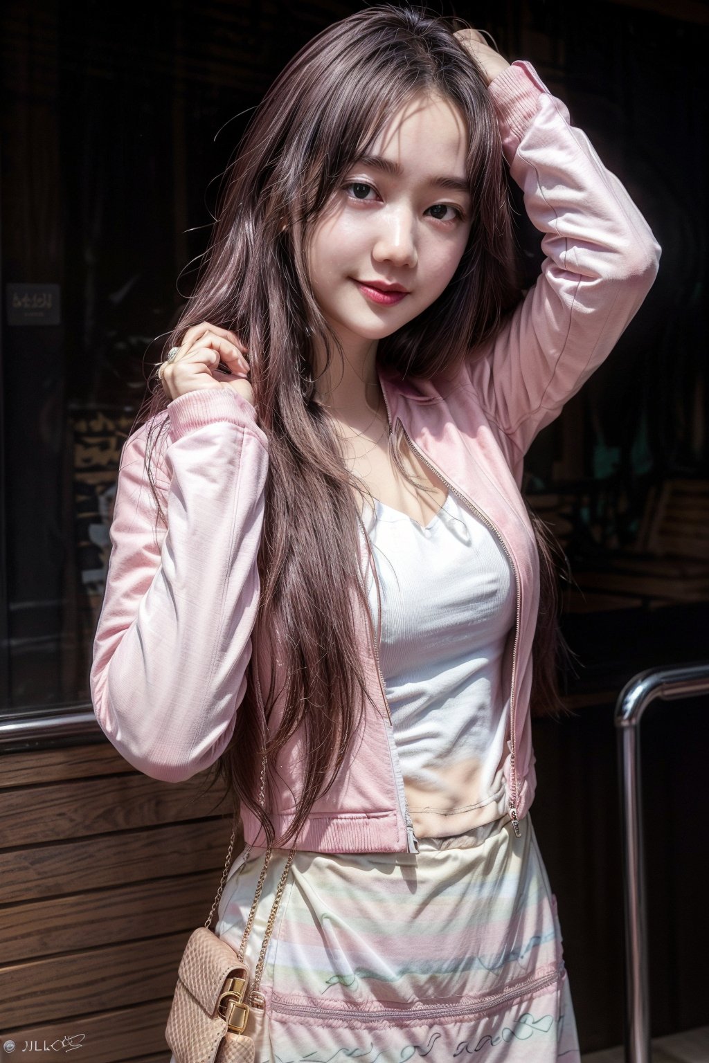 The person in the picture is a young woman with long dark hair. She is wearing a pink jacket over a white shirt, and she has a white bag slung over her shoulder. She has a slight smile on her face.arm_up,full_body
