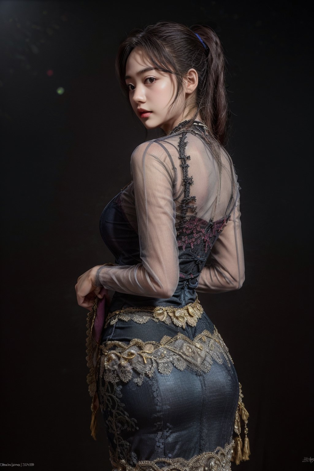 masterpiece, high quality:1.5), (8K, HDR), masterpiece, best quality, 1girl, solo, PrettyLadyxmcc,OrgLadymm,gradient black background,long_ponytail,
MARC BOUWER- Eve Gown(Plunging Neckline, Cape Sleeves, Fitted Bodice, Banded Waist, Long A-Line Skirt, Sweep Train, Evening Dress, Imported, Dry Clean, Color: dove gray),
((Pose style:Random)),View_from_behind