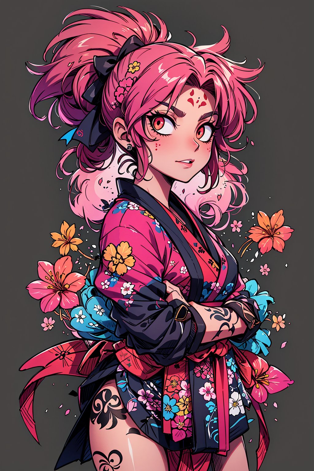 Sketch art, short hair, brown and pink hair, messy hair, curvy hair, ponytail, kunoichi, kitsune girl, design tattoo art style, sakura petals background, sharp lines, thorn background, ink splash, ninja mask, facing_viewer, glowing eyes ClrSkt,blad4