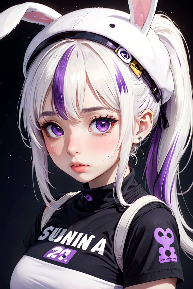 (24yo girl, beautiful girl, cute round face, big eyes, full lips,white hair with violet streaks, emo style, t-shirt, headshot, masterpiece,  best quality,  high resolution, high_res, long_ponytail, bangs, neck tattoo, sweating, bunny white hat