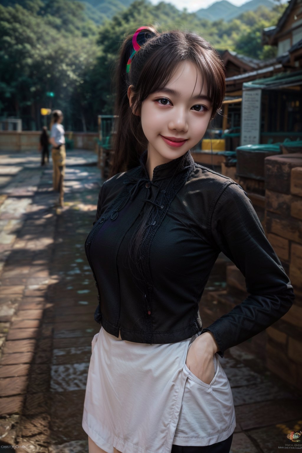 masterpiece, best quality, (colorful),extremely detailed CG unity 8k wallpaper,smile,best quality, depth of field, motion blur, 1girl,long_ponytail,(random pose),outdoors,shirt:black,view:random,full_body