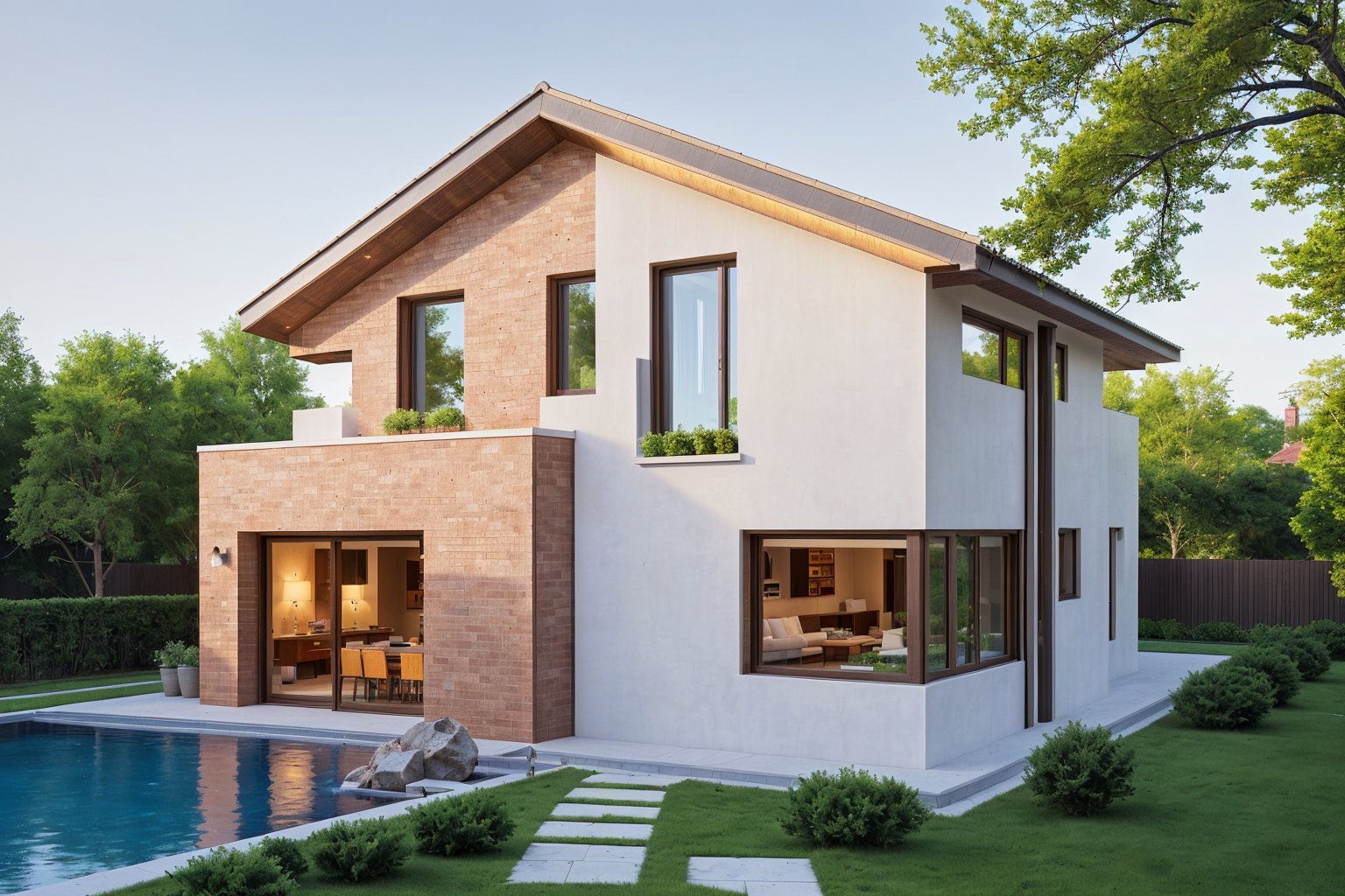 Modern style, villa building, interior furniture, exterior house, contemporary style, (red clay brick) wall, granite floor, glass window, (realistic:1.2), Masterpiece, high quality, best quality, finish white paint , garden trees, water pool, grass garden base, (lighting interior:1.2), day light blue sky, UHD 8K, rowhouse,brick house, Enhance, modern villa,