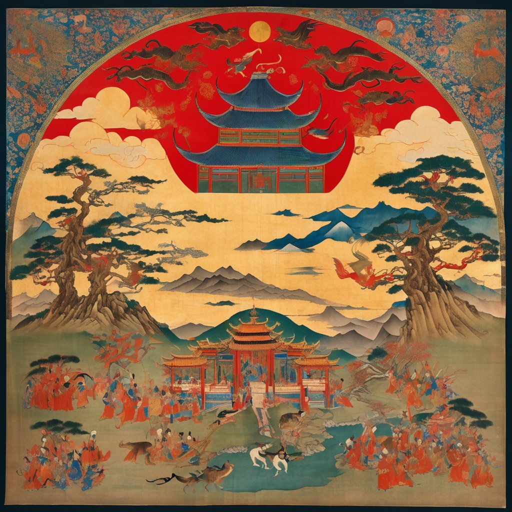 Recreate the T-shaped silk painting from Mawangdui Tomb No. 1 with vivid detail and rich symbolism reflecting the mythological and eschatological beliefs of early Western Han dynasty.

Top section:
Depict the celestial realm. In the upper right corner, include a bright red sun with a golden crow inside it, and eight smaller suns surrounding a Fusang tree below. In the upper left corner, show a crescent moon with a toad and jade rabbit on it, and Chang'e flying towards the moon. Between the sun and moon, place a seated Nüwa with a human head and snake body, her long red tail coiled around. Surround her with celestial cranes, considered auspicious heavenly birds. Below, illustrate beast-riding monsters suspending bronze bells in the air, with geese perched on the bells and a divine dragon roaring nearby. Separate the heavens from the human world with the heavenly gate, guarded by two leopards climbing the gate and gatekeepers bowing with hands clasped.

Middle section:
Illustrate the human realm. At the top, show a triangular canopy adorned with floral and bird motifs, with two phoenixes standing on top and a winged owl soaring beneath. Below, depict an elderly woman with a staff facing west. In front of her, two figures (possibly Taoist practitioners or servants) kneel and present offerings, while three maids follow her. On either side, show two dragons intertwined with a jade disk, and beneath them, feathered human-bird hybrids dressed in white, facing each other. Below, illustrate a sacrificial table set with offerings, indicating a ritual feast for the deceased. Show several people seated around the table, drinking and bidding farewell to the elderly woman.

Bottom section:
Represent the underworld. Show a nude strongman squatting in a horse stance, holding a flat white object symbolizing the earth above his head. He stands on entwined aquatic creatures resembling whales, with two mythical beasts at their tails. At the boundary between the earth and the underworld, include two spiritual turtles floating, with owls standing on their shells.,God's Angle,Chinese mythological figures,floatingisland,landscapes,Ink Painting,Dressed animals page,Satellite Aerial Photography